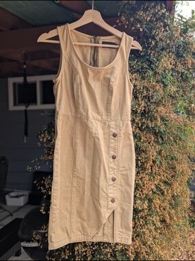 Sleeveless Tan Button-Detail Cotton Dress